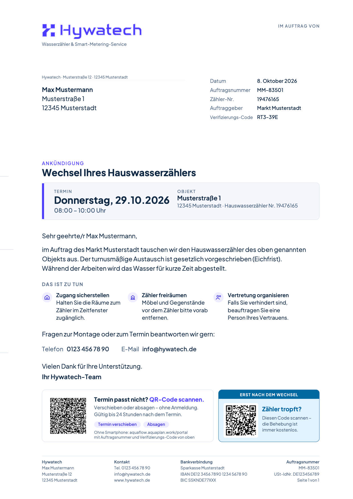 Ankündigungsschreiben von Hywatech mit Termin, Verifizierungs-Code und zwei QR-Codes (Musterbrief für Max Mustermann)