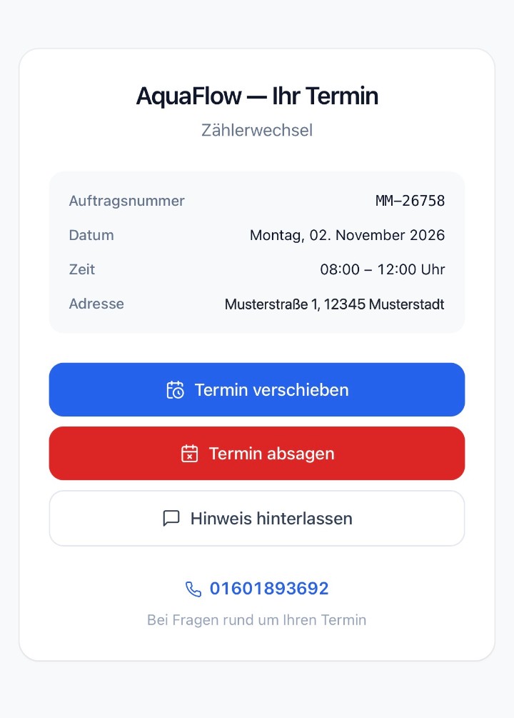AquaFlow auf dem Handy des Bürgers: Termin ansehen, verschieben, absagen oder einen Hinweis hinterlassen